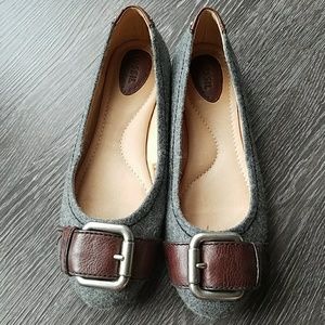 Gray wool flats with brown buckle detail